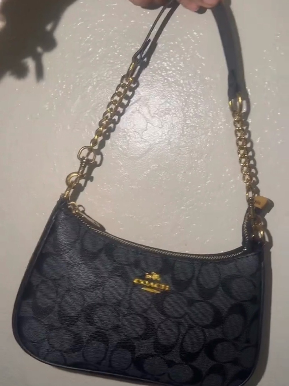 Coach Black Signature Canvas Shoulder Bag with Gold Hardware